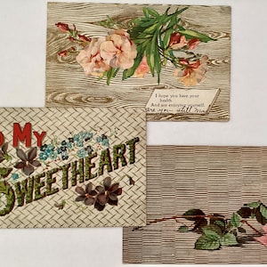 3 cartes postales, éphémères antiques, pensées florales en relief « Êtes-vous toujours fou »