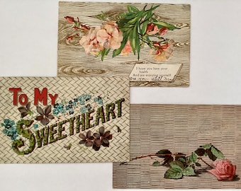 3 Post Cards, Antique Ephemera, Embossed Floral Pansies “Are you still mad”