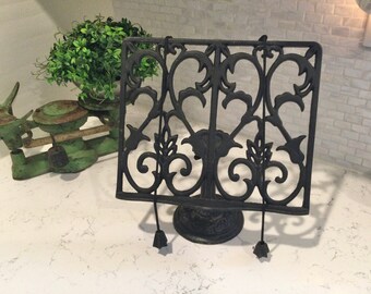 Vintage recipe book stand, holder, rustic French cast wrought iron shabby cook book stand with hanging weights, country farmhouse kitchen