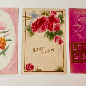 Cartes postales, Ephemera, Roses et Fowers, Lot of 3, Embossed Antique