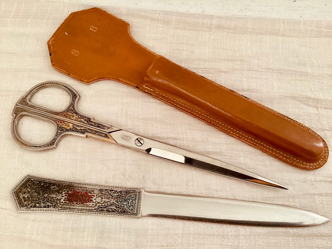 1950s Vintage Solingen Germany Desk Scissors Forged in Italy. In cowhide  Sheath