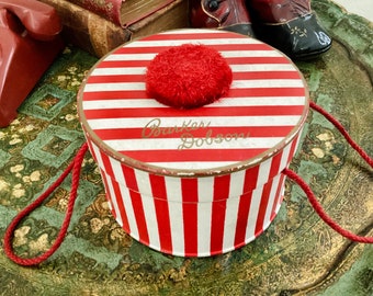 Vintage Red Striped Small Bandbox Barker & Dobson Sweet Chocolate Box Miniature Hat Box with Pom Pom