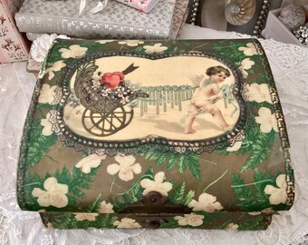 Victorian Celluloid Green Collar Box Floral, Ferns, Cupid with Forget-Me-Nots