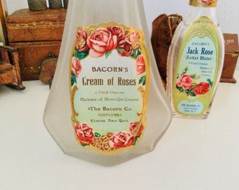 Amazing Perfume Bottle, Jack Rose, old litho label with roses, Bacorn Cream of Roses