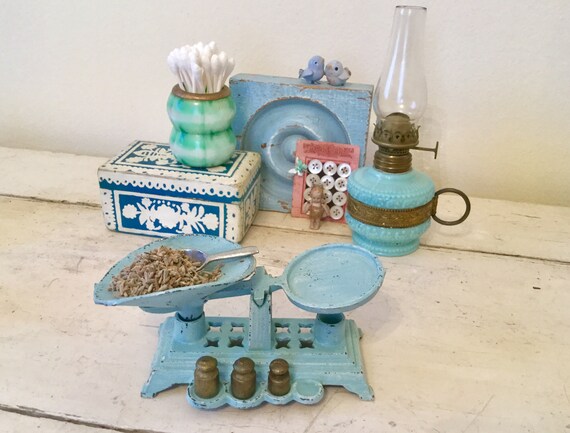 Gusseisen Mini Vintage Küchenwaage Bauernhaus Rotkehlchen Ei Blau, Miniatur, klein, lesen Sie die Beschreibung