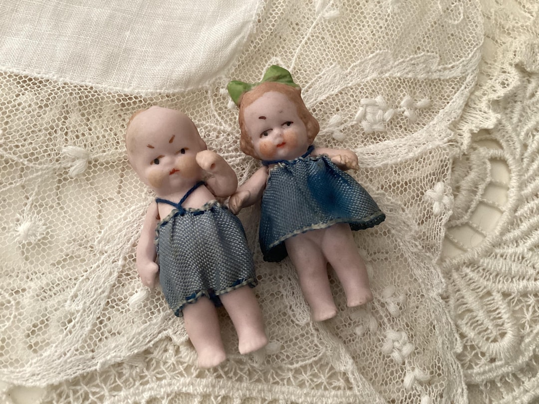 Antique German Girl Boy Pair, Doll Miniature Hertwig 1920's Tiny
