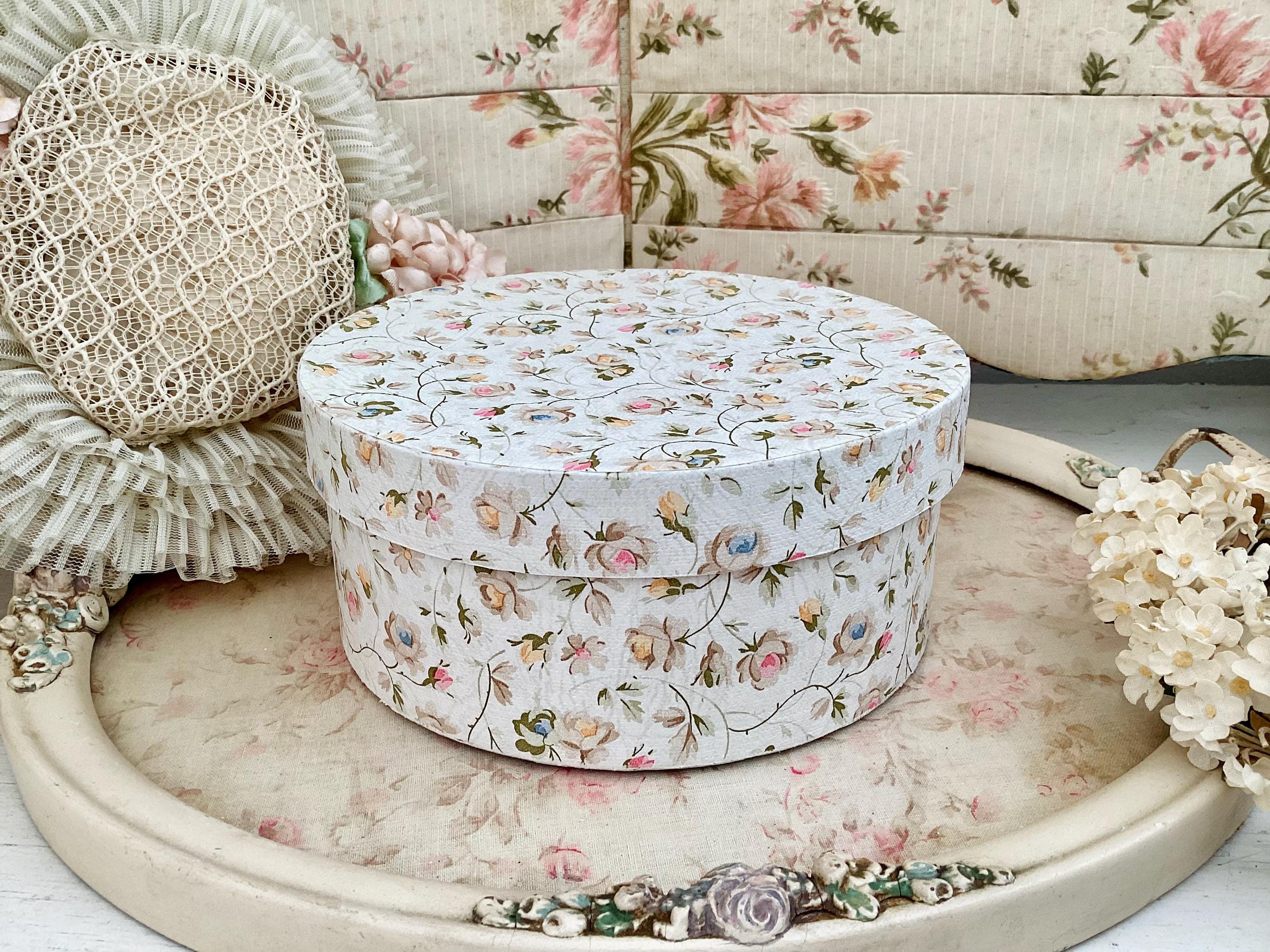 Antique Wallpaper Covered Box - Vintage Bandbox, Roses, Pinks