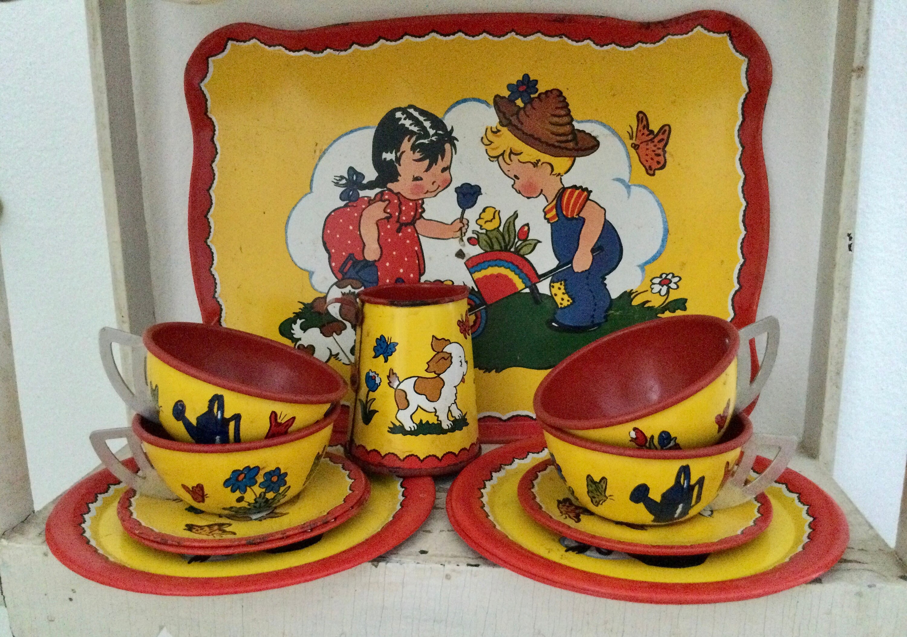 Tin Litho 'boy and Girl in a Garden' Tea Set Pieces From Ohio Art