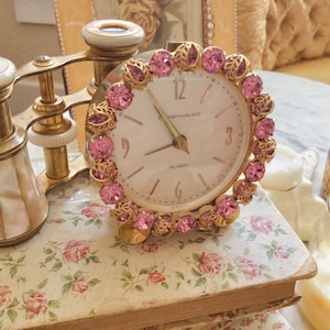 Pink Rhinestone Clock - Vintage Phinney Walker Alarm Clock Working Condition