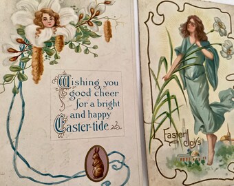 2 postales, efímera antigua, Pascua con ángel, flores en relieve