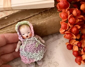 German Antique Bisque Hertwig Candy Baby Doll 2 3/4 Inches With