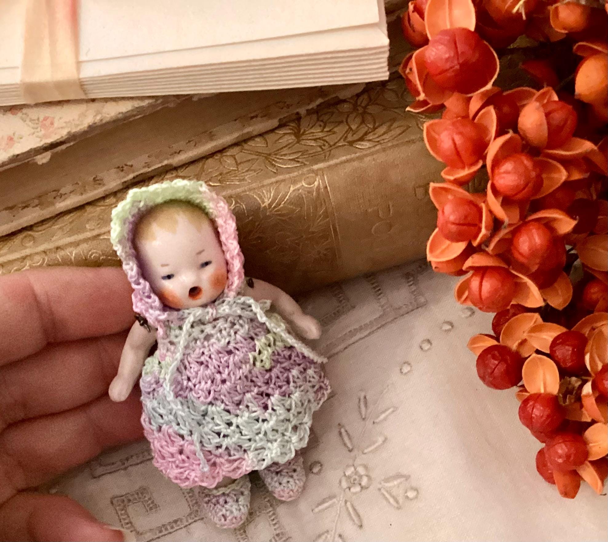German Antique Bisque Hertwig Candy Baby Doll 2 3/4 Inches With
