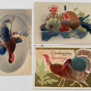 3 cartes postales, éphémères antiques, floral en relief, dindes de Thanksgiving