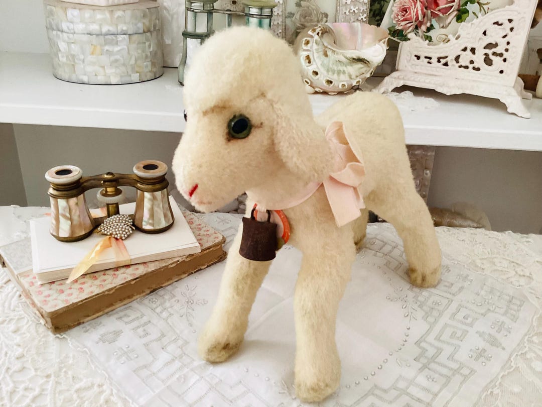 Vintage Mohair Steiff Lamby Lamb Stuffed Animal With Tag, Ribbon