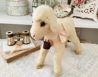 Vintage Mohair Steiff Lamby Lamb Stuffed Animal With Tag, Ribbon