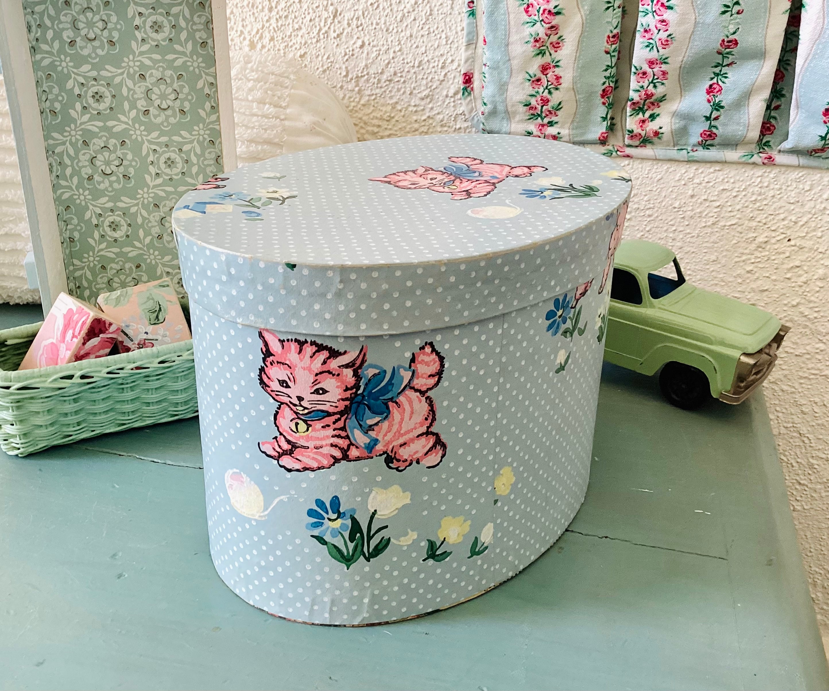 Bunnies & Kittens Antique WallPaper Covered Box - Vintage Child's Nursery Bandbox, Hannah's Treasures