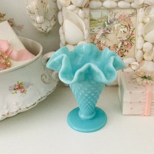 Fenton Aqua Blue Turquoise Fenton Milk Glass Hobnail Trumpet Vase, Vintage 1950s Flower Vase, Light Pink Milkglass Fluted