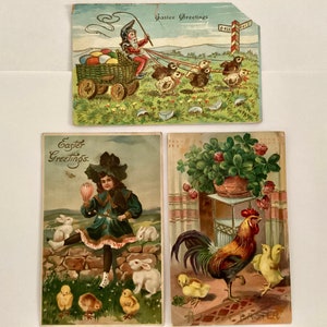 3 cartes postales, éphémères anciennes, Pâques avec coq et canards, floral en relief
