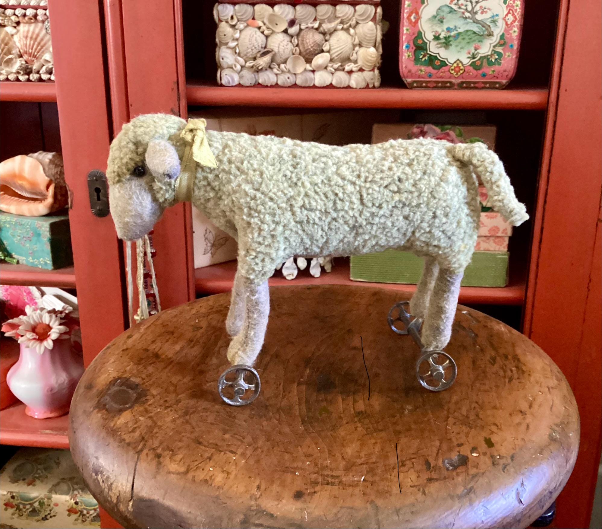 Mohair Steiff Sheep Stuffed Animal Pull Toy With Ribbon, Antique