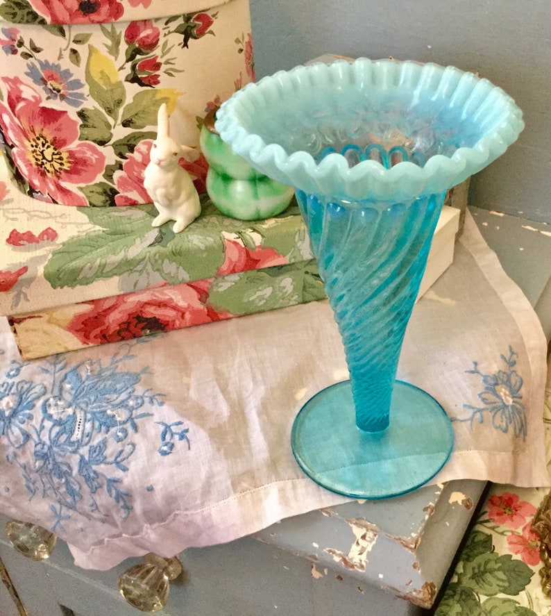 Perfect Fenton Aqua Blue Glass Fluted Fan Vase With Ruffled Etsy