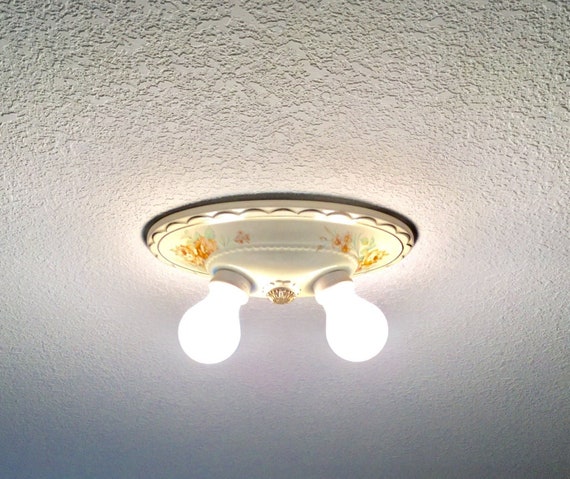 Antique Two Light Flush Mount Roses Porcelain Ceiling Fixture Etsy