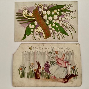 2 cartes postales, éphémères anciennes, Pâques avec du muguet et un lapin, motif floral en relief