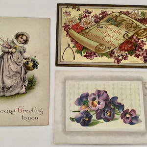3 cartes postales, éphémères antiques, fleurs en relief, voeux de pensées