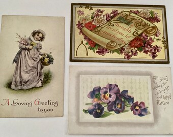 3 Post Cards, Antique Ephemera, Embossed Floral, Pansies Greetings