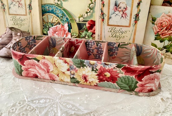 Antique Wall Paper Covered Box - pink and green flora… - Gem
