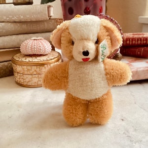 Puede incluir: Un peque&ntilde;o osito de peluche de color crema con brazos y piernas de piel marr&oacute;n. El oso tiene una nariz negra y una boca roja y lleva una etiqueta verde que dice "Furs-D".