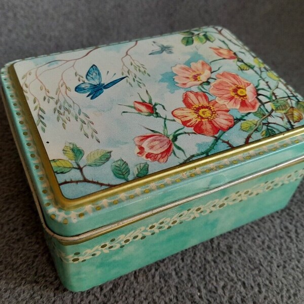 Daher Tin Box - Green,  Orange Pastel floral, Blue Butterfly, cottage sweet