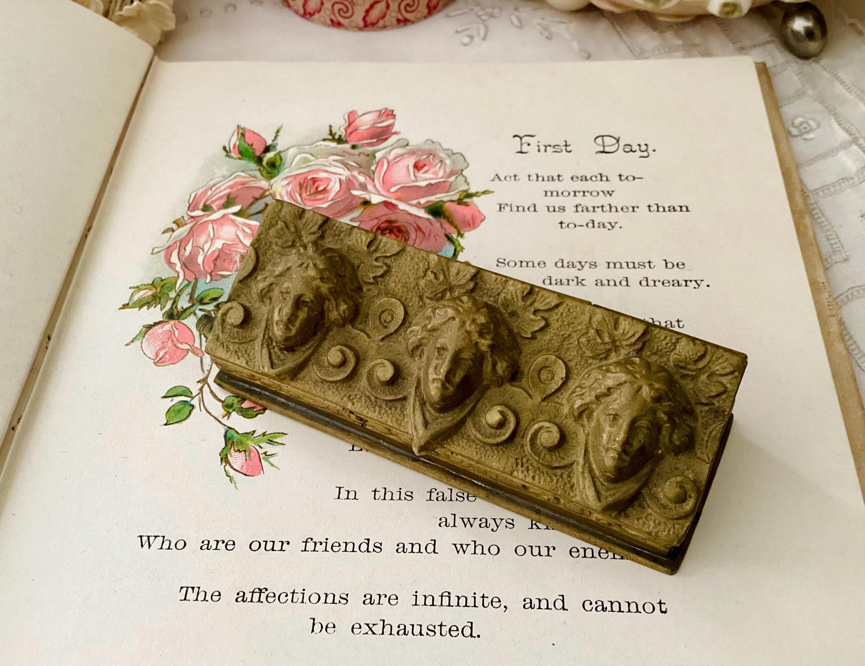 Antique Brass Postage Triple Stamp Box, Neoclassical Relief