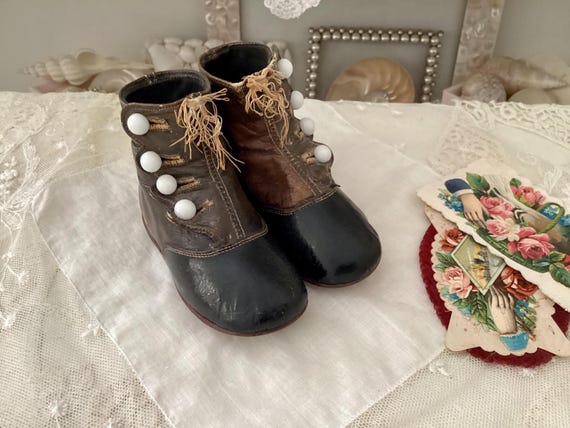 Antique Vintage Baby Shoes Boots Brown Black Leather White Buttons Late 1800s Etsy Canada