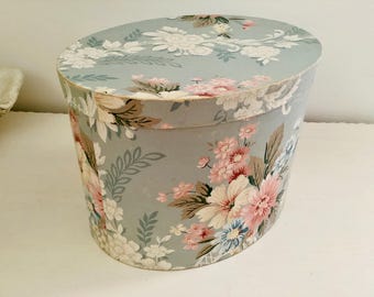 Antique Roses WallPaper Covered Box - Bandbox, Hannah’s Treasures - Gray Pink Cream, Large