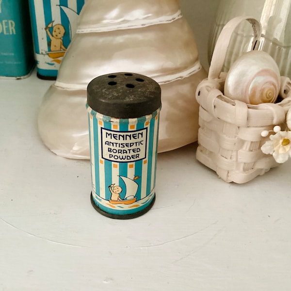 Tiny Vintage Baby Powder Mennen Talcum Tin Can Aqua Blue with Sailboat, bathroom vanity