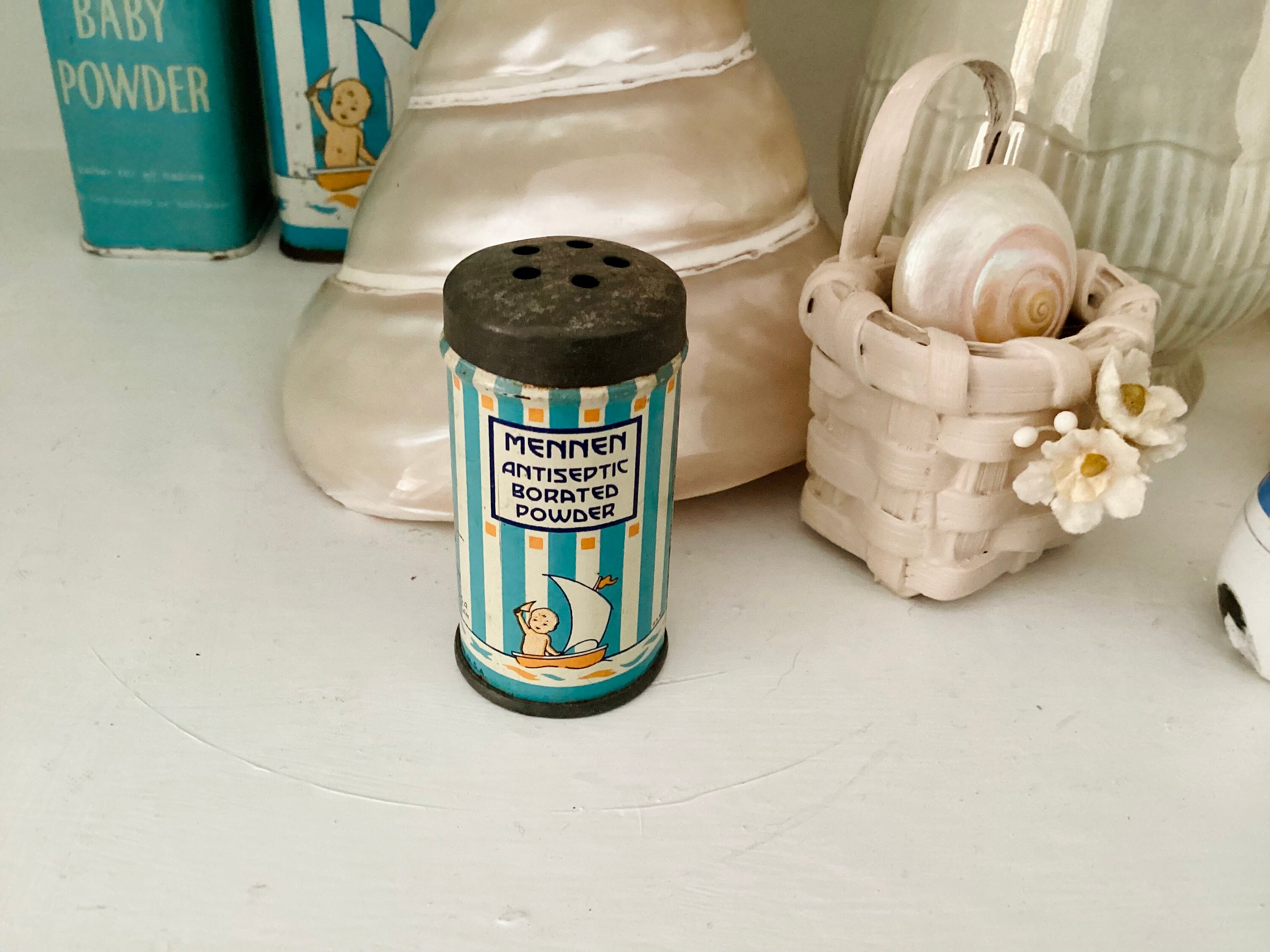 ベビーパウダー缶 メンネン レア mennen 大小 アメリカ ストライプ 水色 MENMEN Baby Powder Can Blue S - LOTTY