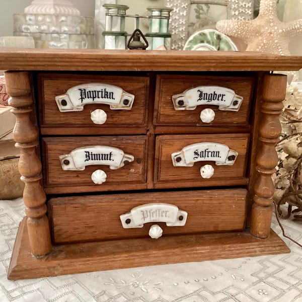 Antique Wall Spice Cabinet Hand Made Wooden 5 Drawers German Primitive