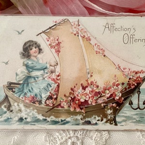 Postales, efímeras antiguas, relieve, nomeolvides, velero, niña, ofrenda de afecto