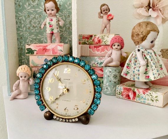 Vintage Semca Seven Jewels Alarm Clock With Aqua Blue Rhinestones