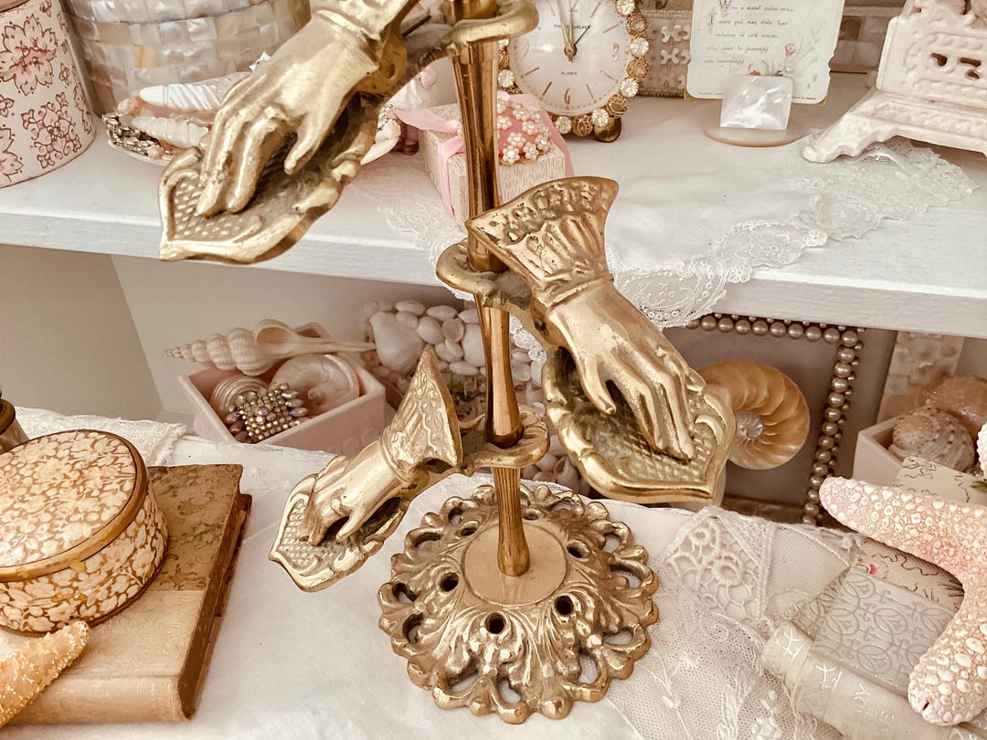 Antique Ornate Brass Stand, Victorian Gloved Hand Clip Hanky Card