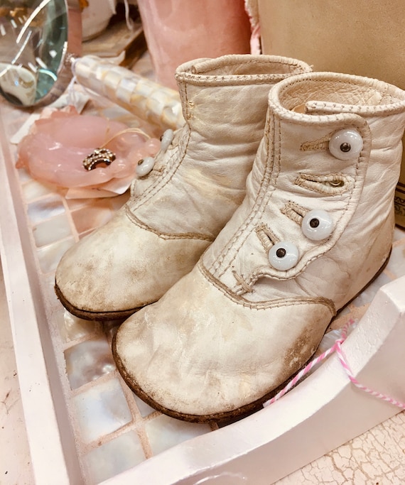 Antique High Button White Baby Shoes