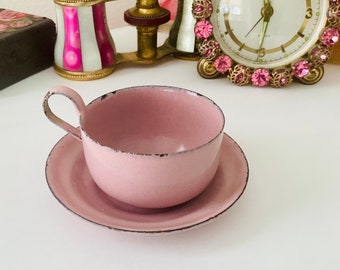 Pink Children’s Enamelware Cup and Saucer from Tea Set Graniteware