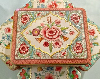 Holland Daher Tin Box - pink and green floral roses buds cottage sweet