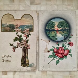 2 cartes postales, éphémères, roses, magnolias, antiquités, voeux d'anniversaire