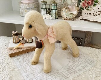 Vintage Mohair Steiff Lamby Lamb Stuffed Animal With Tag, Ribbon