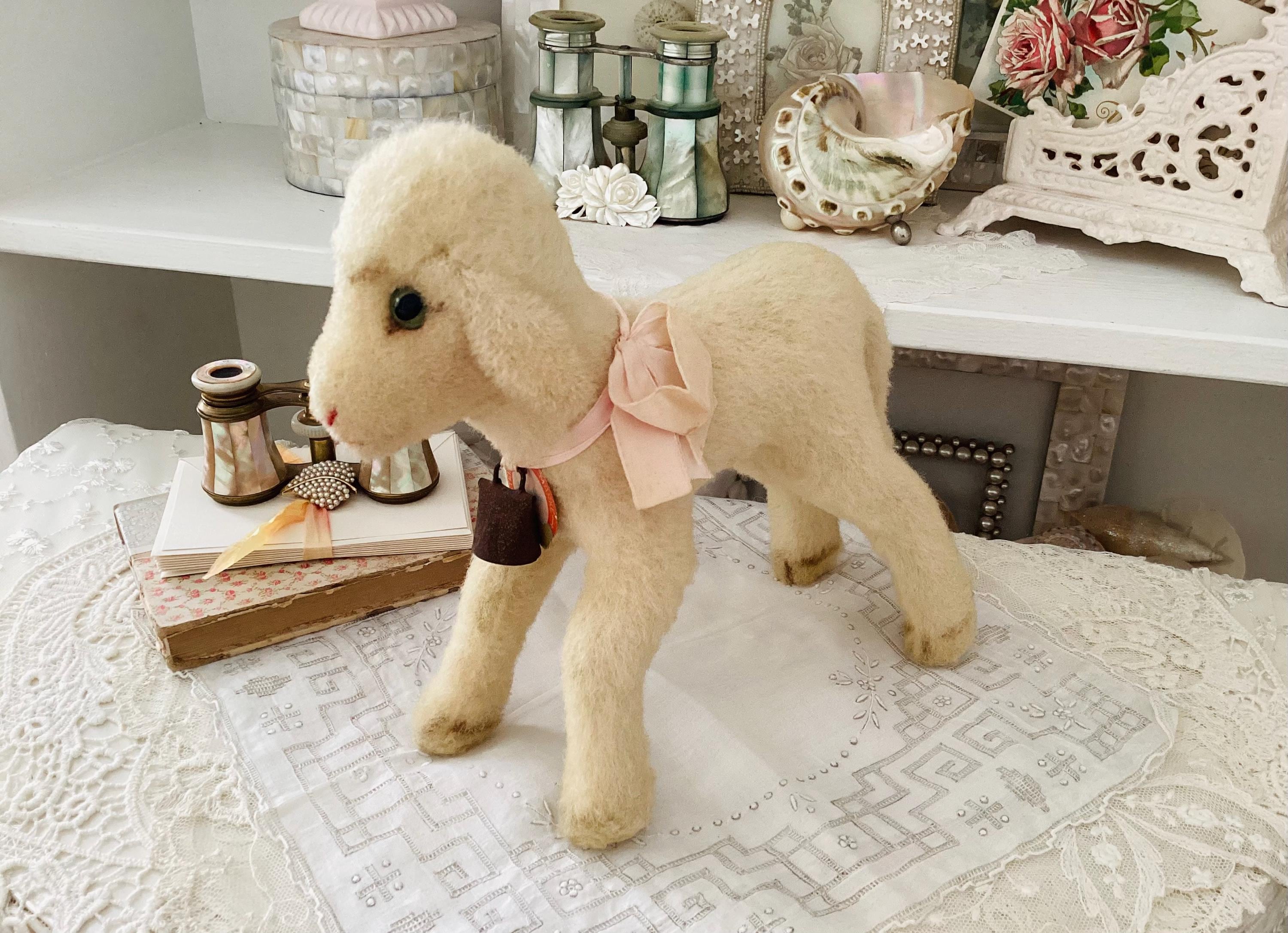 Vintage Mohair Steiff Lamby Lamb Stuffed Animal With Tag, Ribbon