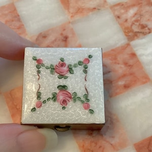 Hand Painted Roses Enamel and Brass Pill Box Guilloche Vanity Compact, Pillbox