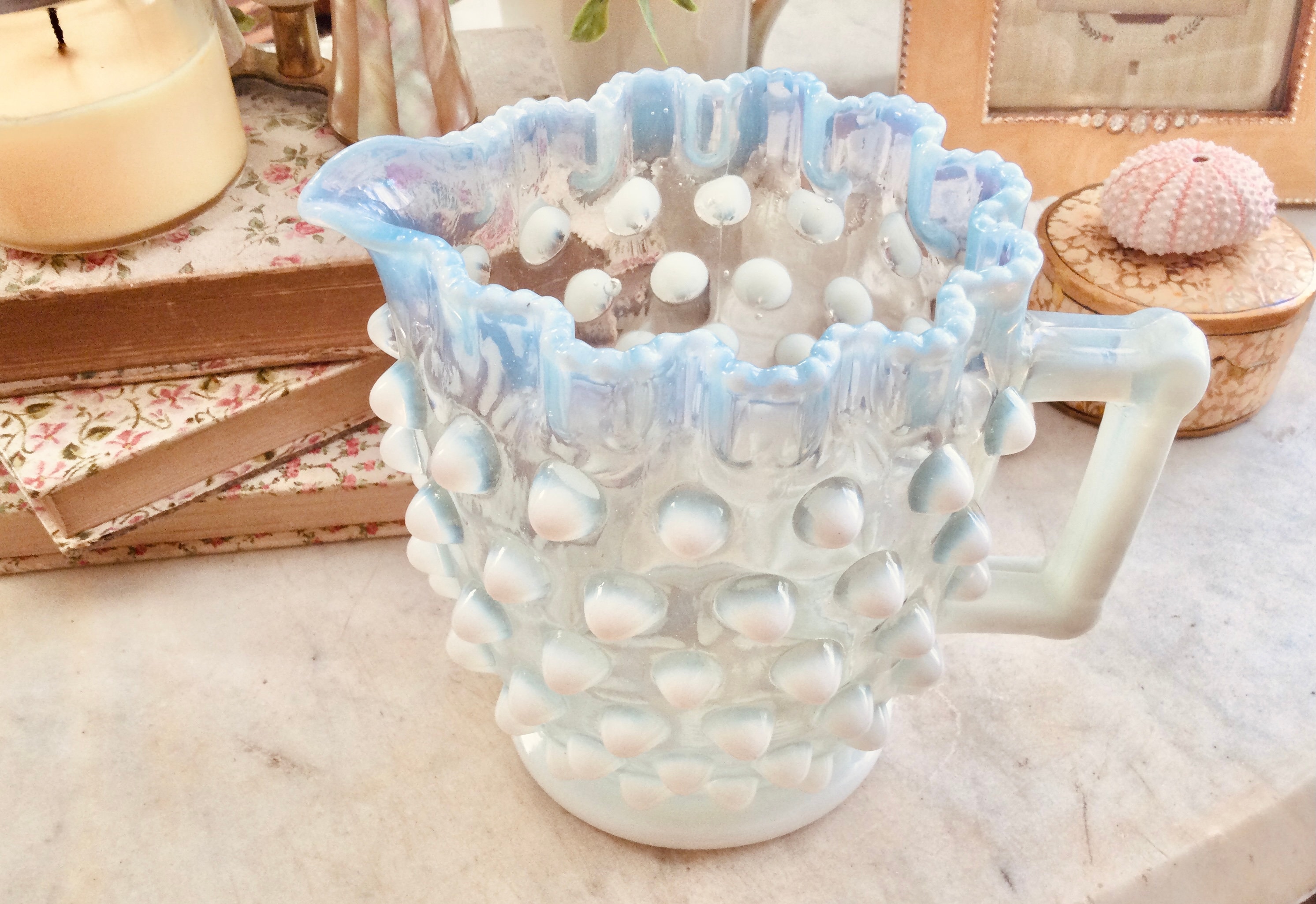 Opalescent Art Glass Large Creamer Pitcher White Hobnail Ruffled Rim Northwood