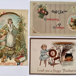 3 cartes postales, éphémères antiques, floral en relief, voeux de Thanksgiving