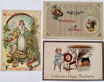 3 Post Cards, Antique Ephemera, Embossed Floral, Thanksgiving Greetings
